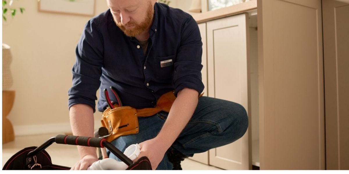 A property maintenance repairman with a tool belt and a tool kit fixing a bathroom sink.