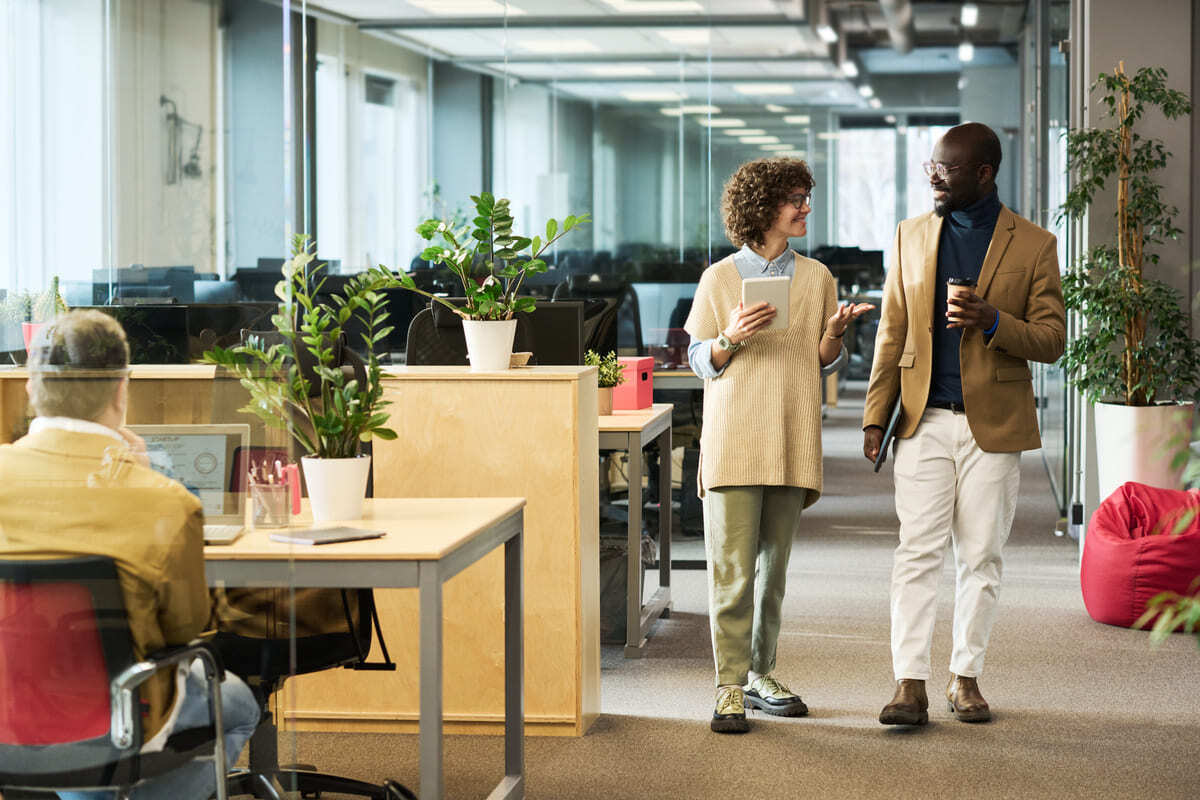 Workers in a modern commercial office space